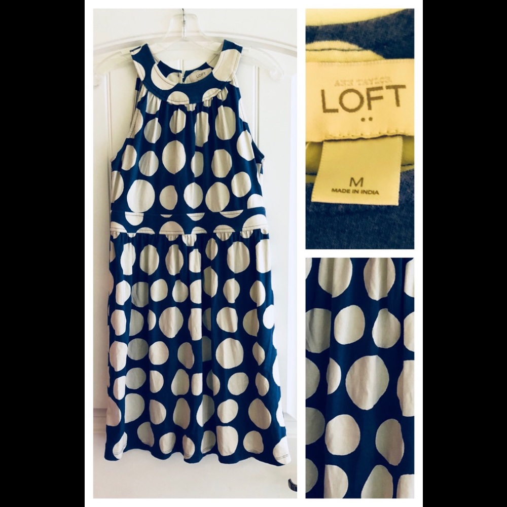 LOFT Blue Polka Dot Swing Dress A-Line Size M